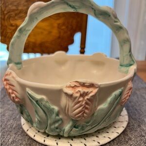 Vintage Majolica ceramic floral embossed basket with a handle. RARE FIND